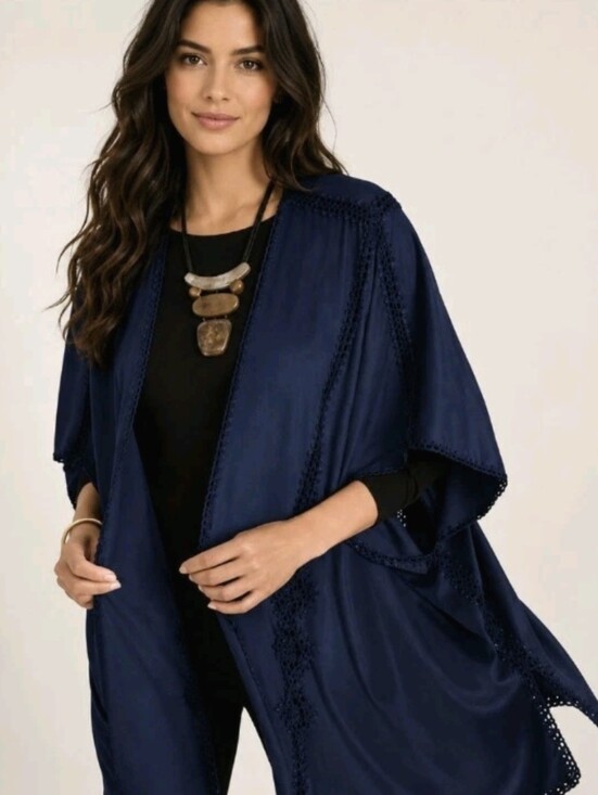 Chico's Accessories - Chico's Ruana Wrap Faux Suede Navy Blue Cover Up Jacket Crochet Size S/M